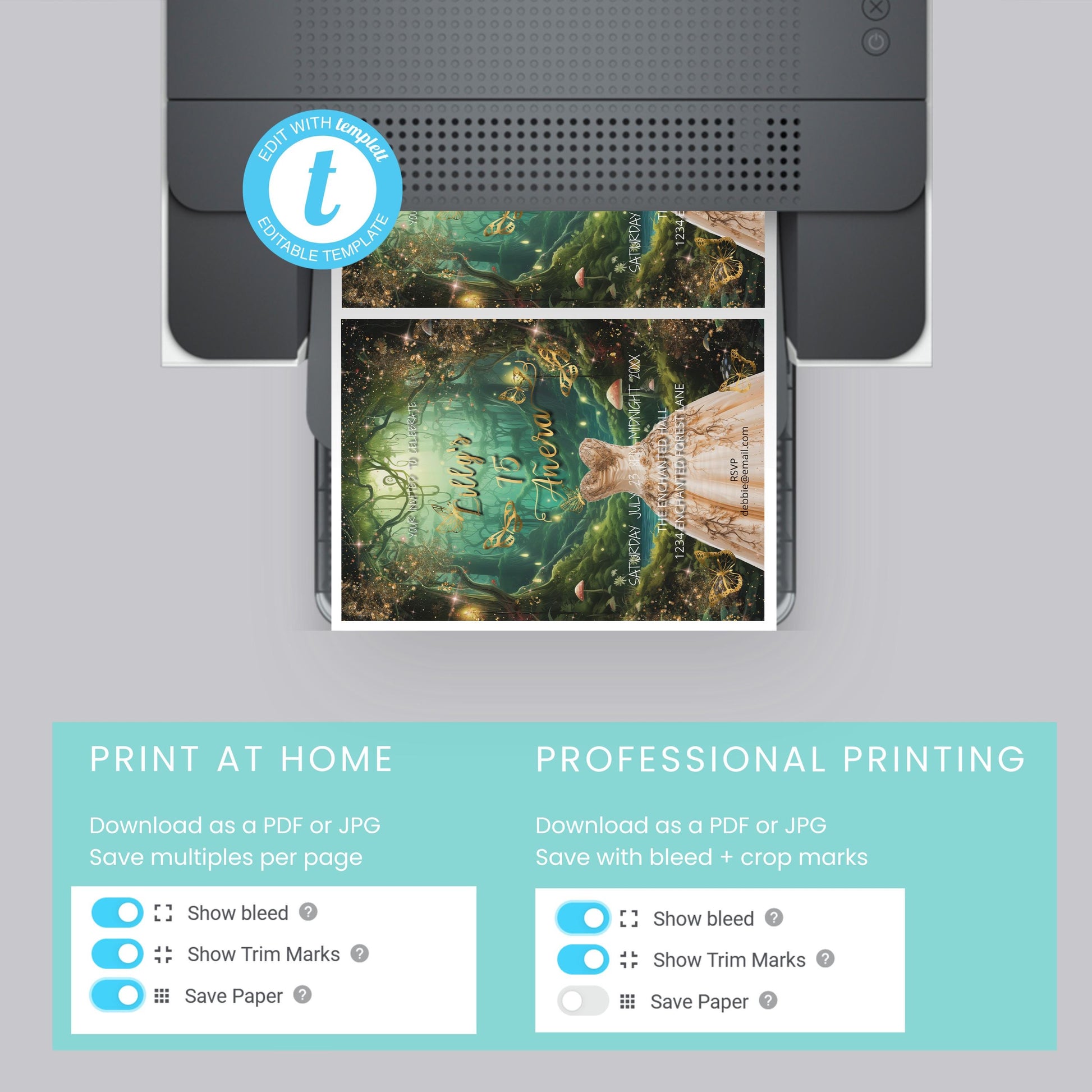 Enchanted Forest Quinceañera Invitation | Fairytale Garden 5x7 Editable Template | Magical Digital Download