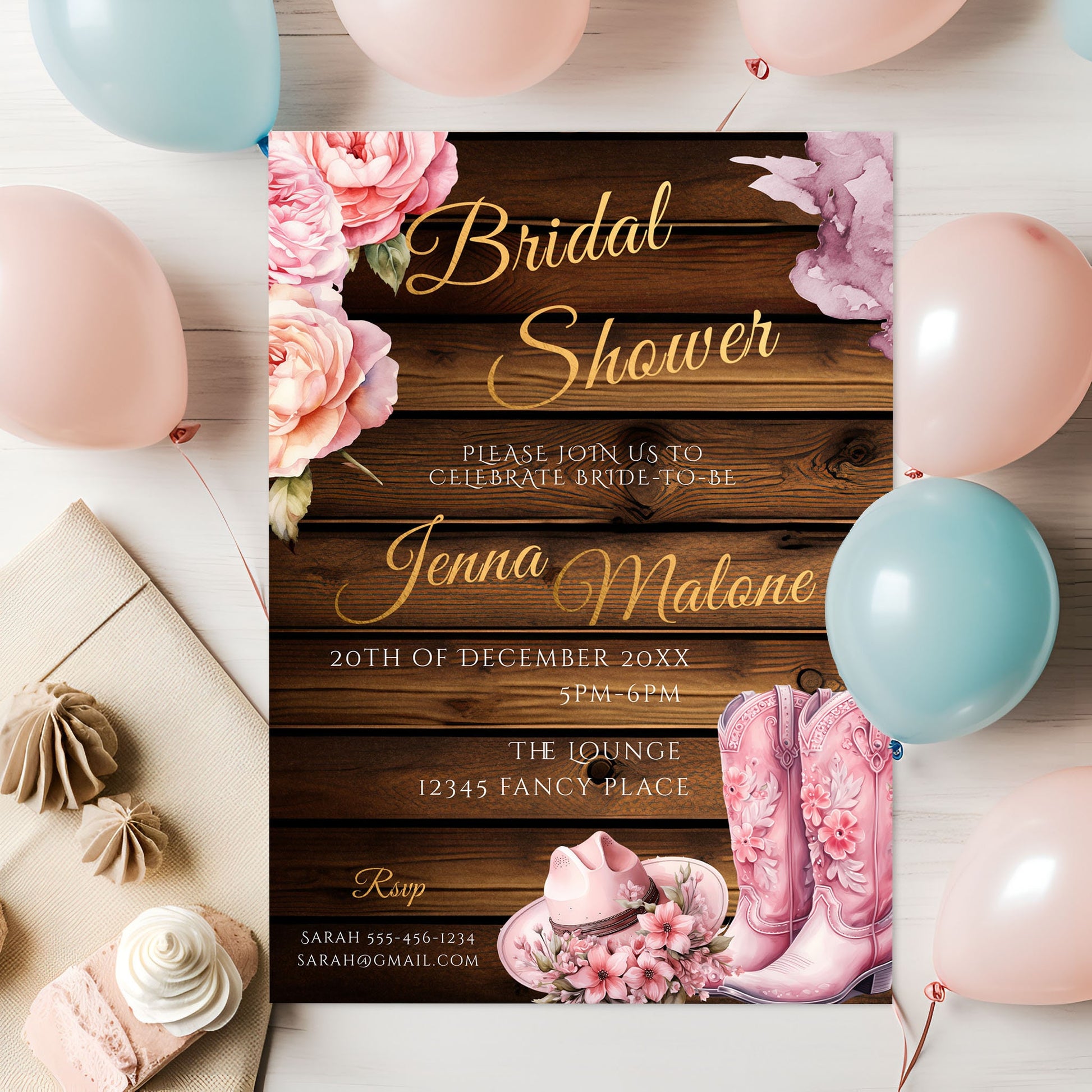 Pink Cowgirl Bridal Shower Invite- Rustic bridal shower-cowboy boots-Template Editable - Gold Lettering, 5x7 Printable