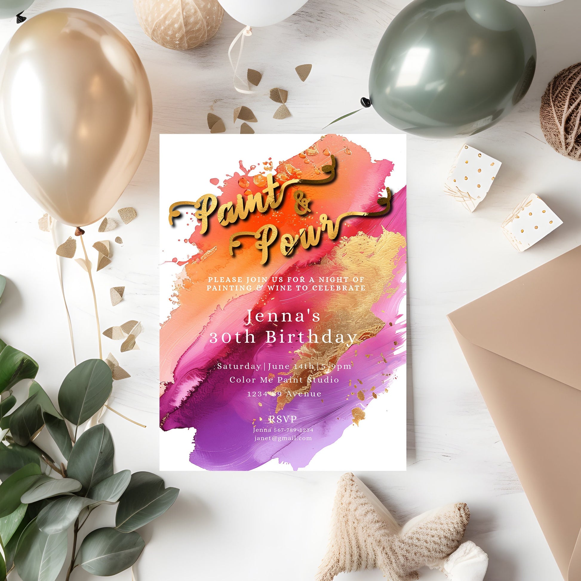Paint & Pour Birthday Invite-Paint Night-Paint and Sip-Pour-Orange-Pink-Purple-Gold-Editable, Printable- elegant-Art Party-Girls Night out