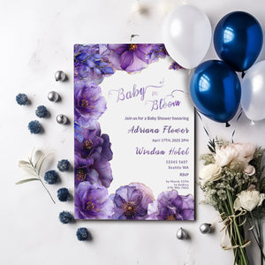 Purple Floral Baby Shower Invitation | Alcohol Ink Editable Design | Digital Download Template