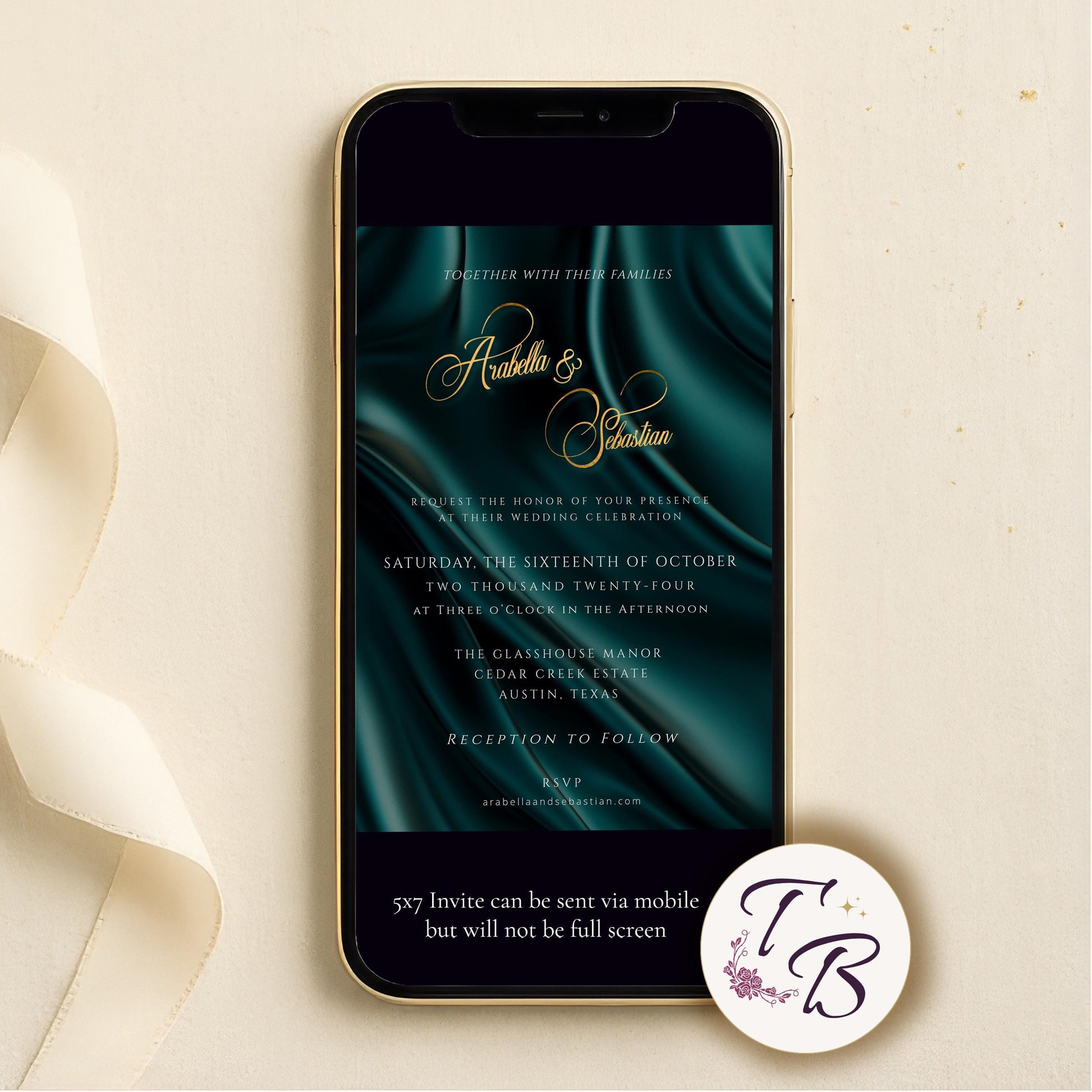 Teal Gold Wedding Invitation - Editable Printable 5x7 Card with Gold Foil Lettering