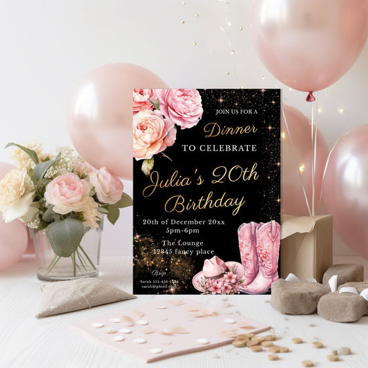 Pink Cowgirl Birthday Invitation – Elegant Gold Editable Template