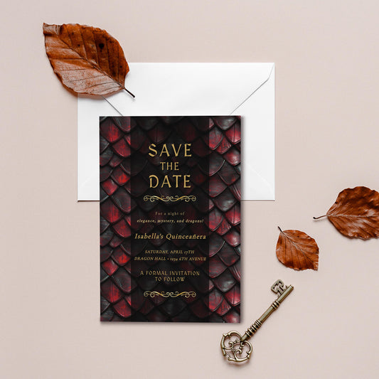 Editable Dragon Quinceañera Save the Date | Red, Black & Gold Fantasy Template (5x7")