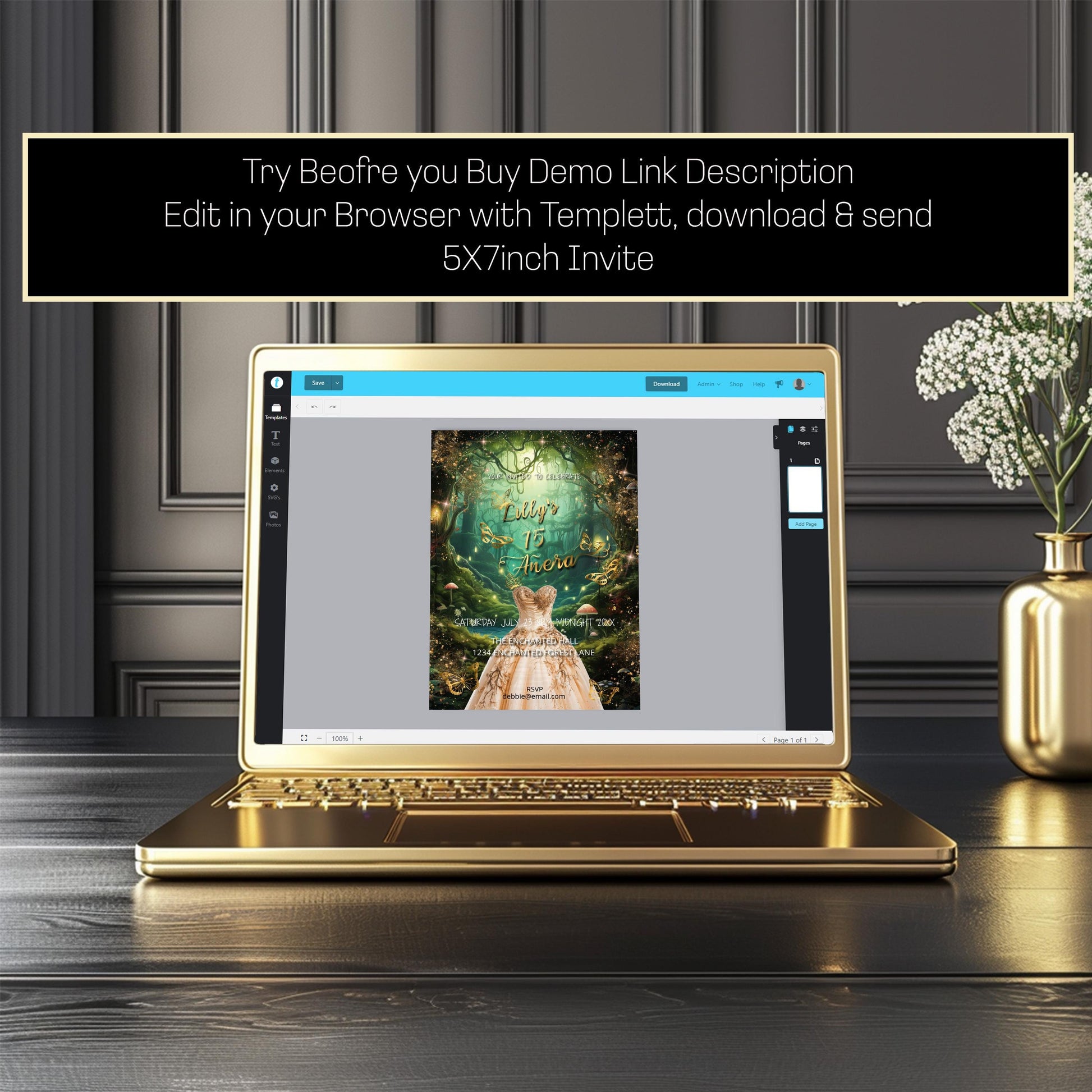 Enchanted Forest Quinceañera Invitation | Fairytale Garden 5x7 Editable Template | Magical Digital Download