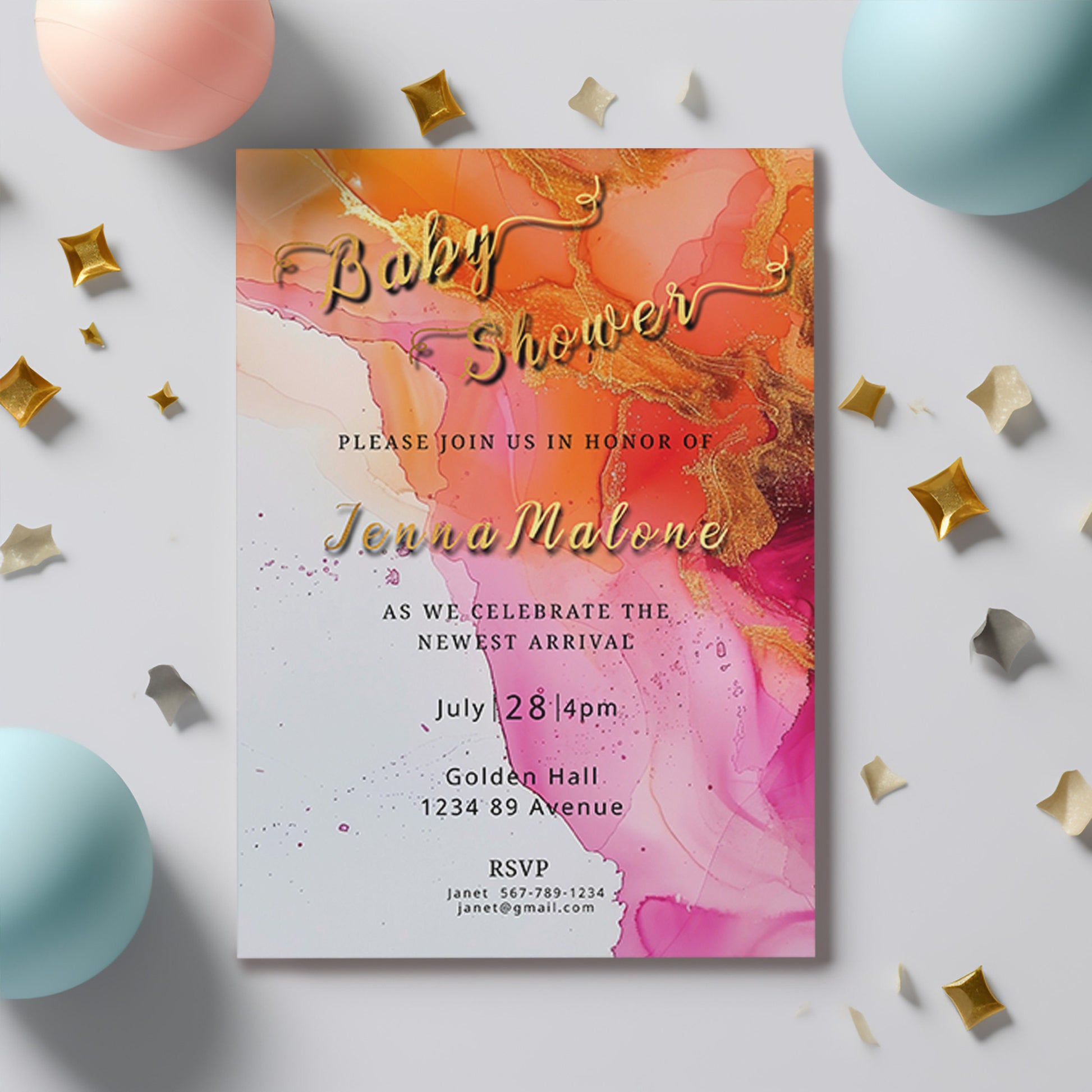 Hot Pink Floral Baby Shower Invitation – Alcohol Ink Editable Template