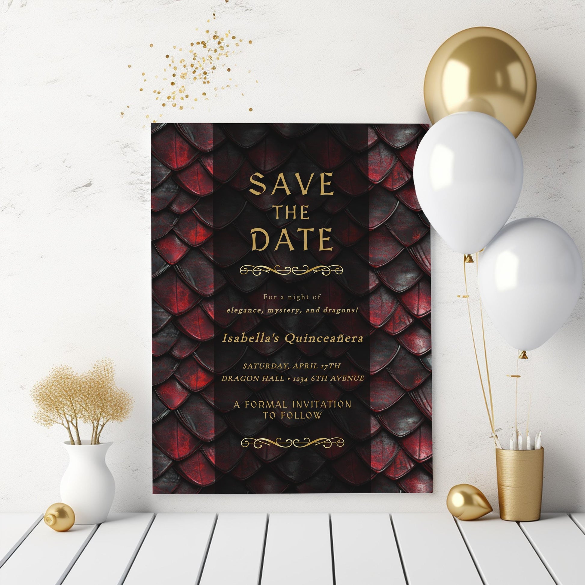 Editable Dragon Quinceañera Save the Date | Red, Black & Gold Fantasy Template (5x7")