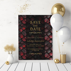 Editable Dragon Quinceañera Save the Date | Red, Black & Gold Fantasy Template (5x7