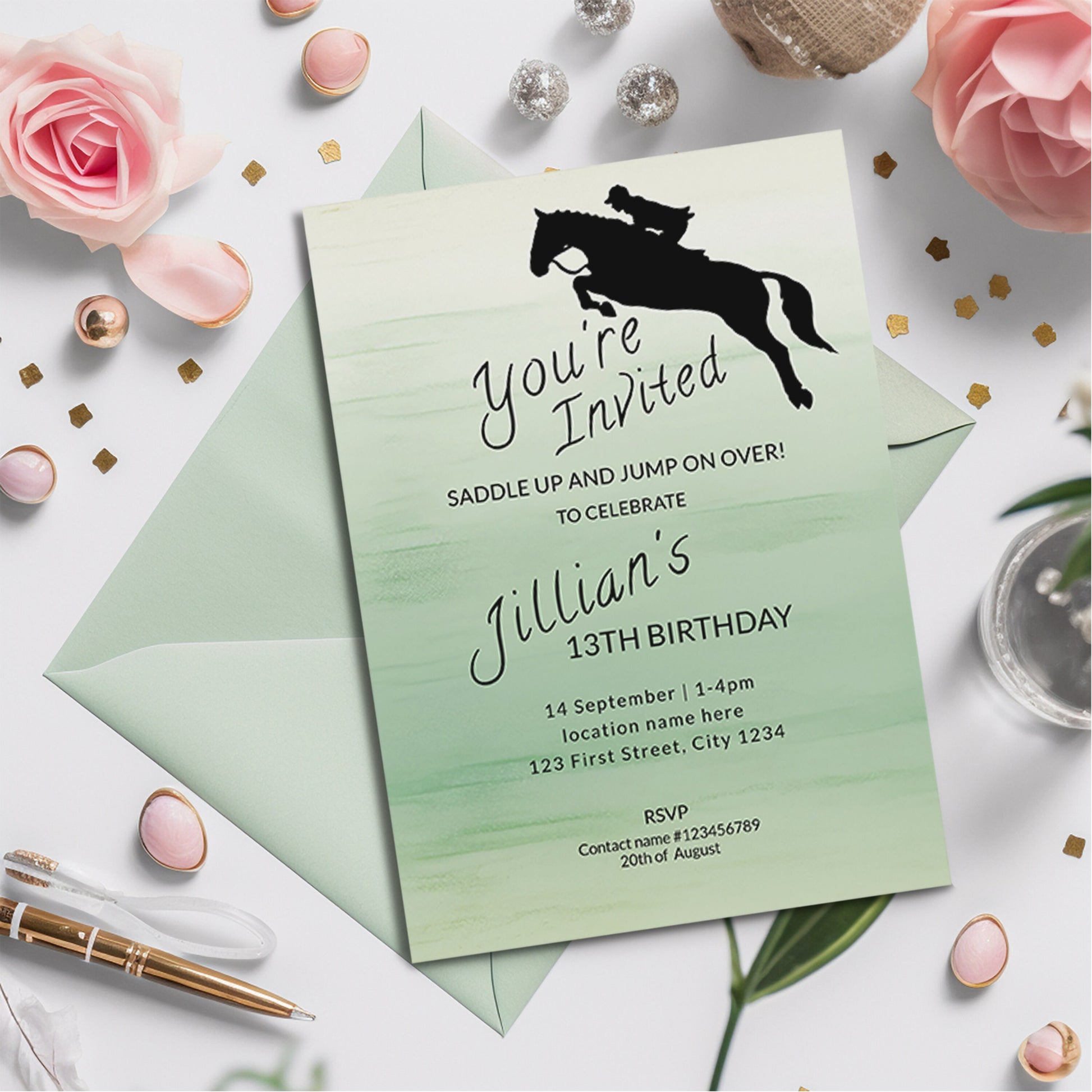 Sage Green Horse Jumping Birthday invite