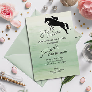 Sage Green Horse Jumping Birthday invite