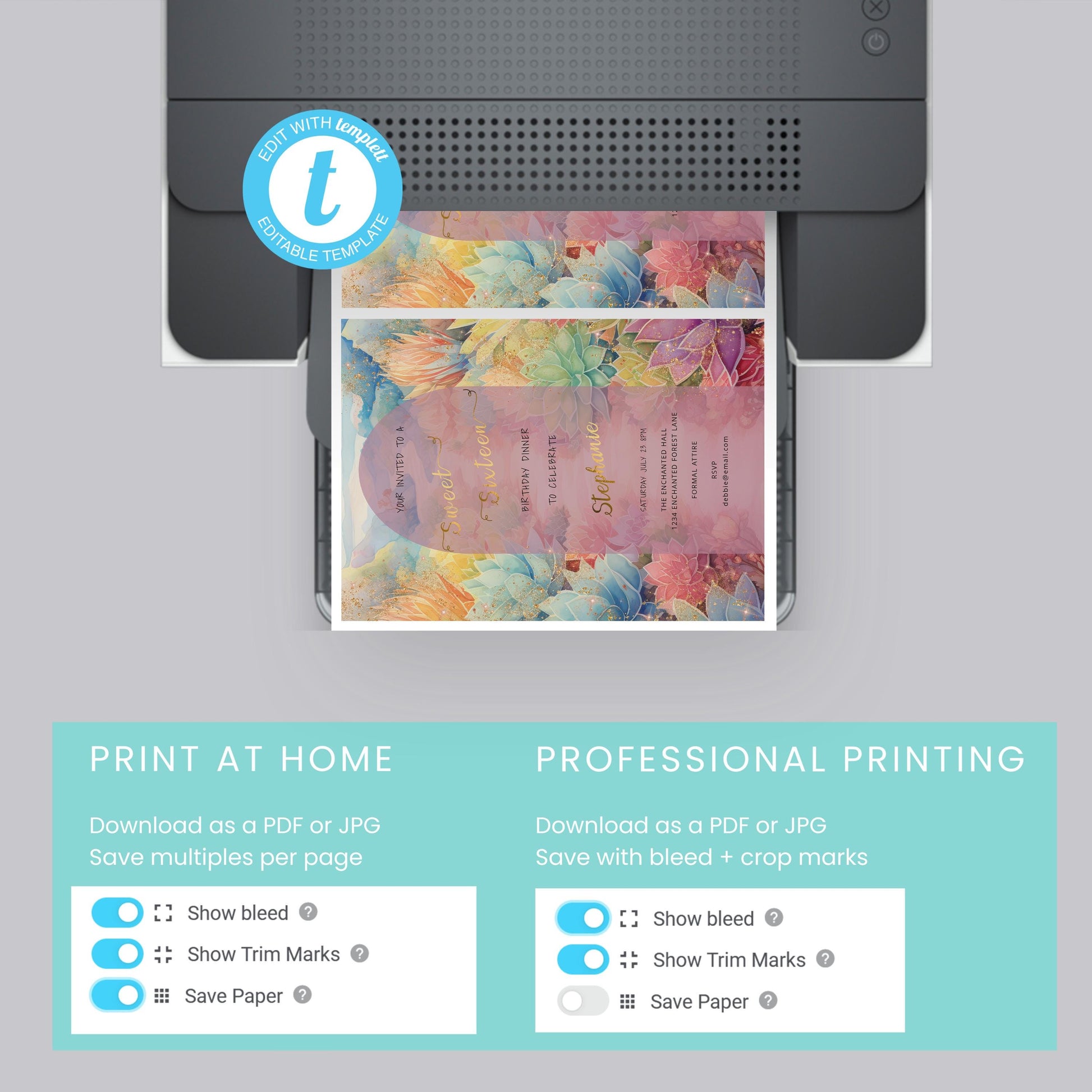 Succulent Garden Sweet 16 Invitation | Editable Watercolor Template | Elegant 5x7 Digital Download