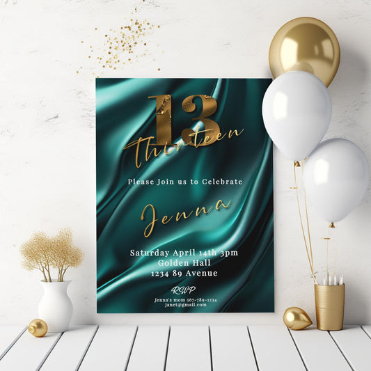 13th Birthday invitation girl teal-Invite Template - Official teenager-editable Digital Download, Teal and Gold-Teen Birthday