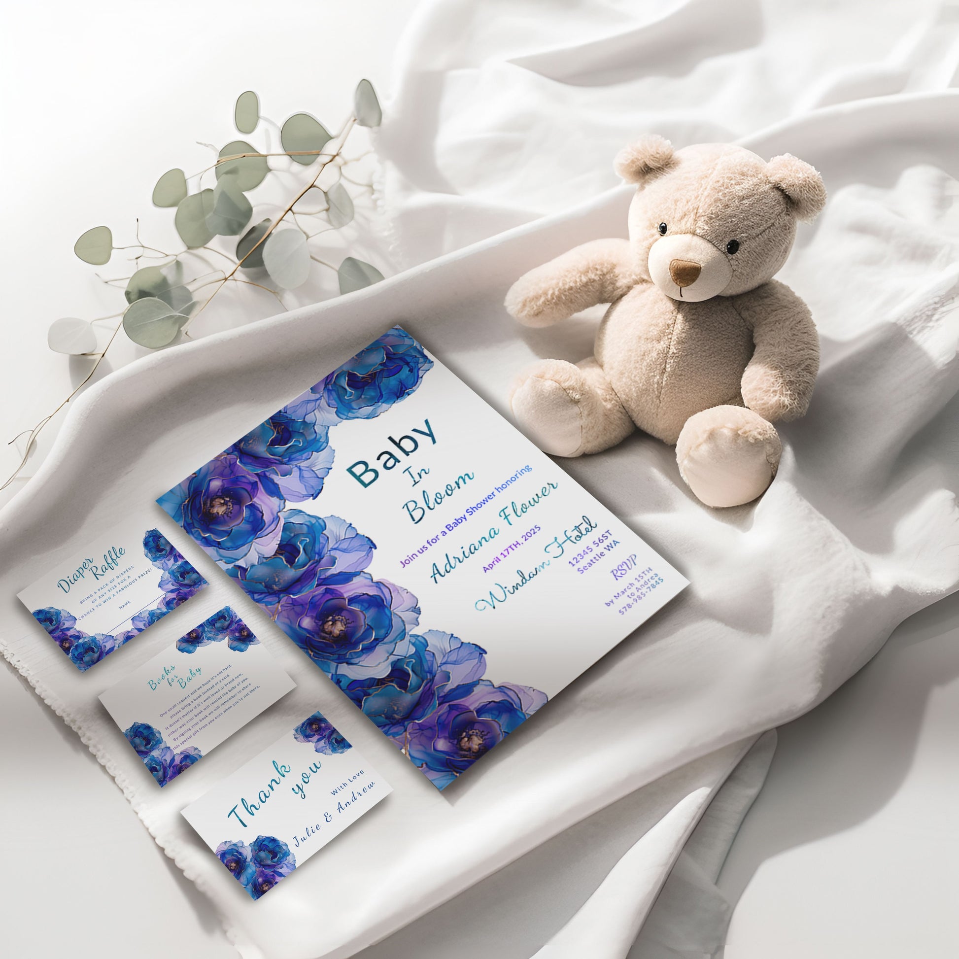 Blue Baby in Bloom Shower Bundle | Editable Invitations, Signs & Cards | Alcohol Ink Templates