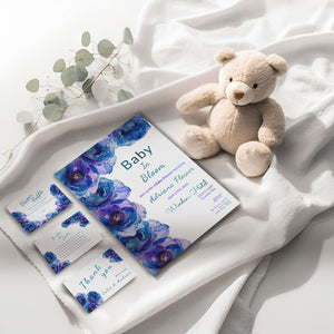 Blue Baby in Bloom Shower Bundle | Editable Invitations, Signs & Cards | Alcohol Ink Templates