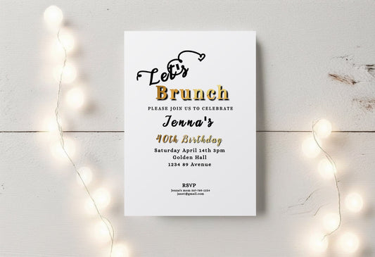 Brunch Birthday Invitation - Editable Invitation Template with Gold Foil Lettering 5x7 Inch