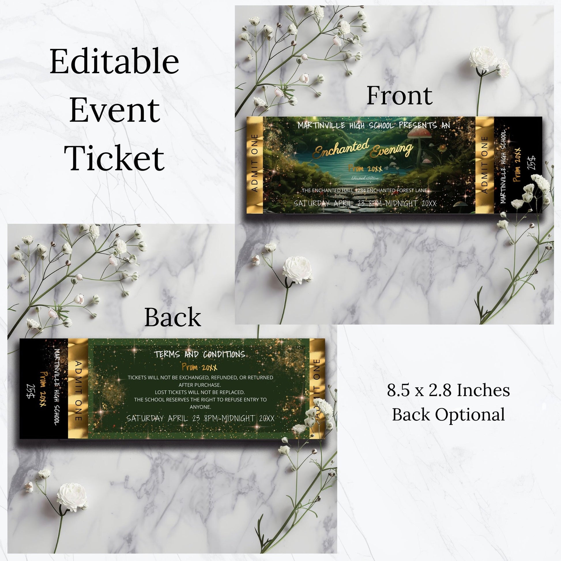 Enchanted Forest Prom Ticket – Editable Gold Foil Template | Custom Design