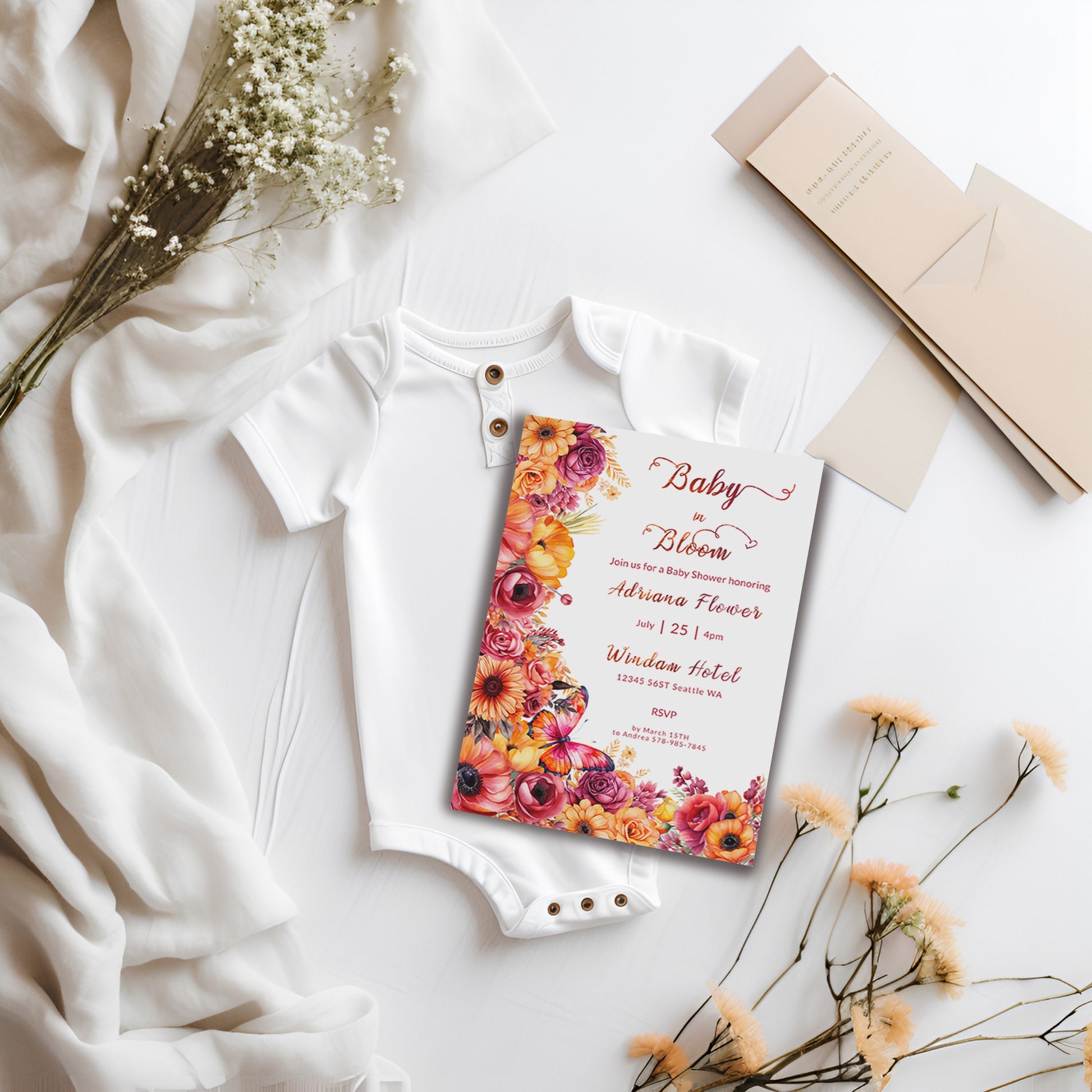 Floral Baby Shower Invitation | Hot Pink & Orange Fiesta Theme | Editable 5x7 Template