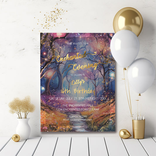 Enchanted Forest Sweet 16 Invitation – Fairytale Watercolor Editable Template