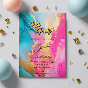 Hot Pink, Teal & Gold Birthday Editable Invitation 5x7in -brunch invite-Editable, Printable - style
