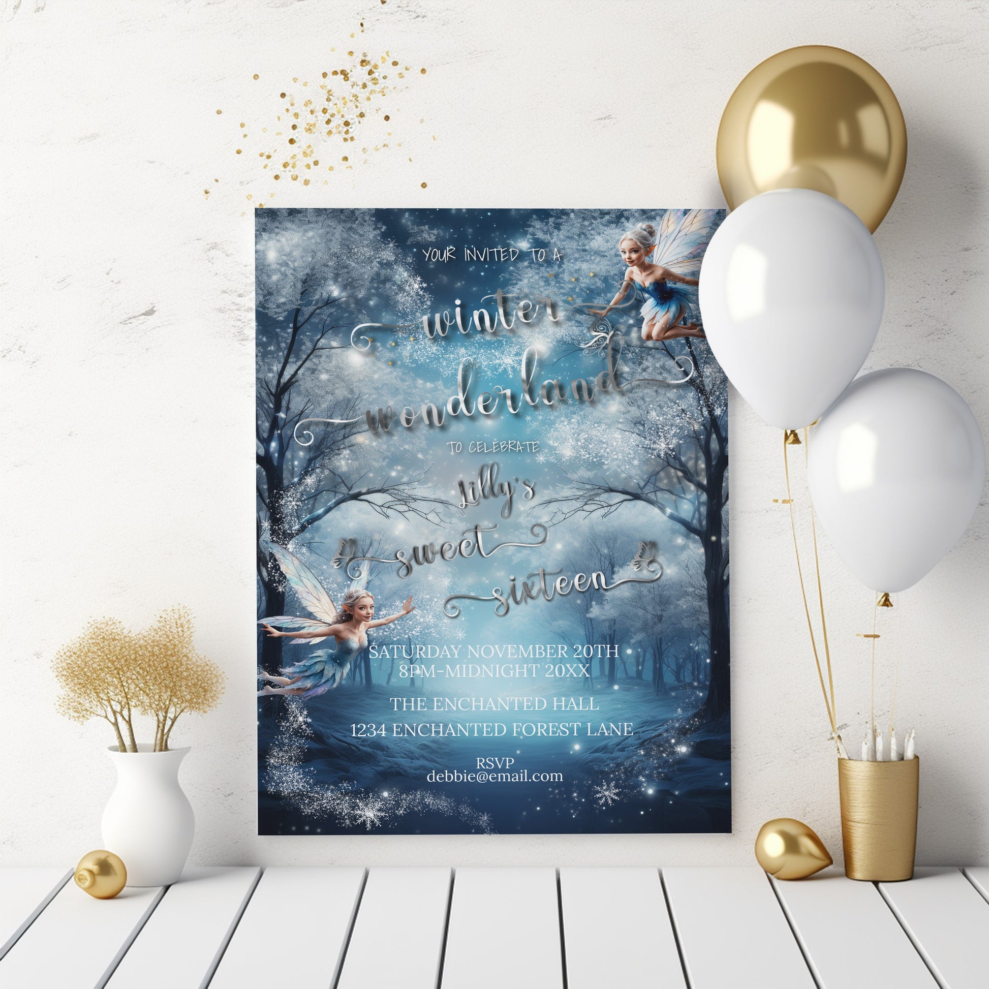 Winter Wonderland Sweet 16 Invitation | Enchanted Forest Editable Template