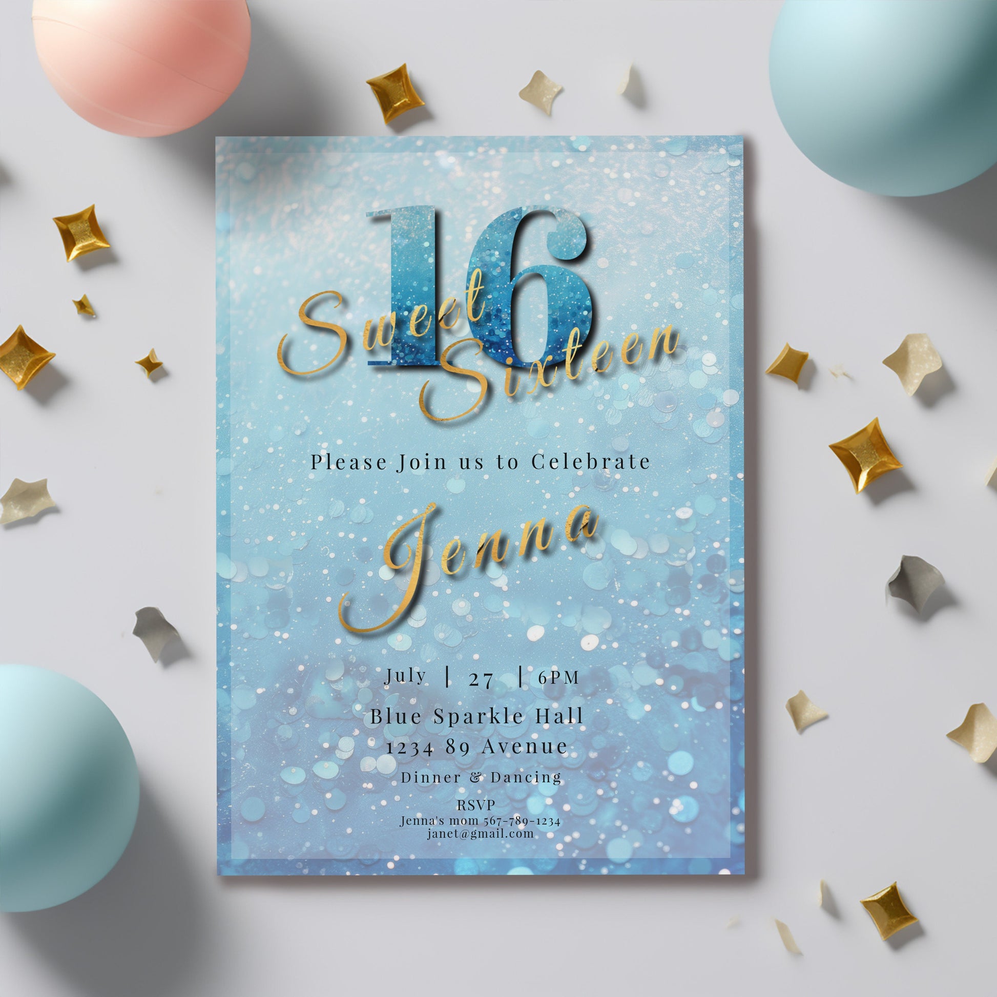 Sweet 16 Invitation Light Blue- blue and silver Glitter-Editable template-Evite-Printable-Blue Sparkles