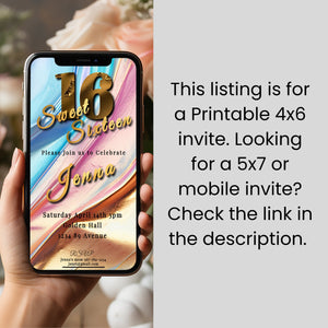 Gold Foil Sweet 16 Invitation: Elegant Pastel Design (4x6 Printable)