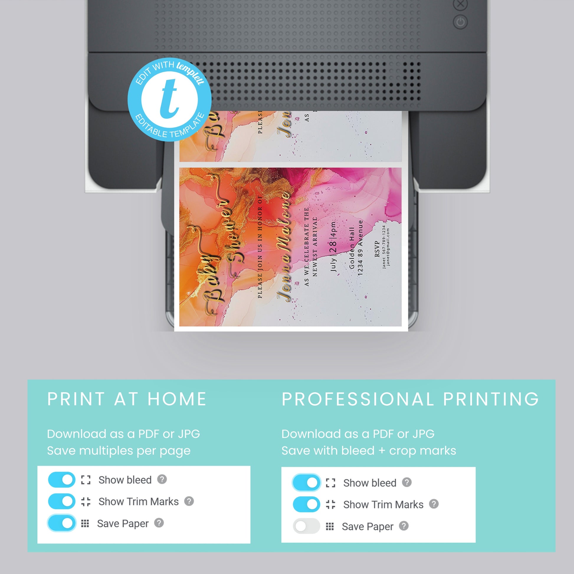 Hot Pink Floral Baby Shower Invitation – Alcohol Ink Editable Template