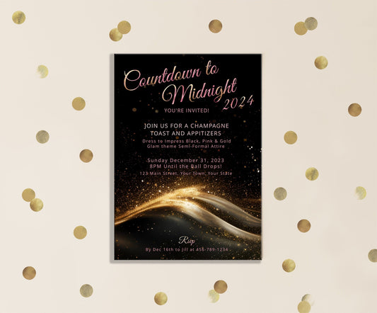 Black & Gold New Year's Eve Invitation: Pink Accents (Digital Download)