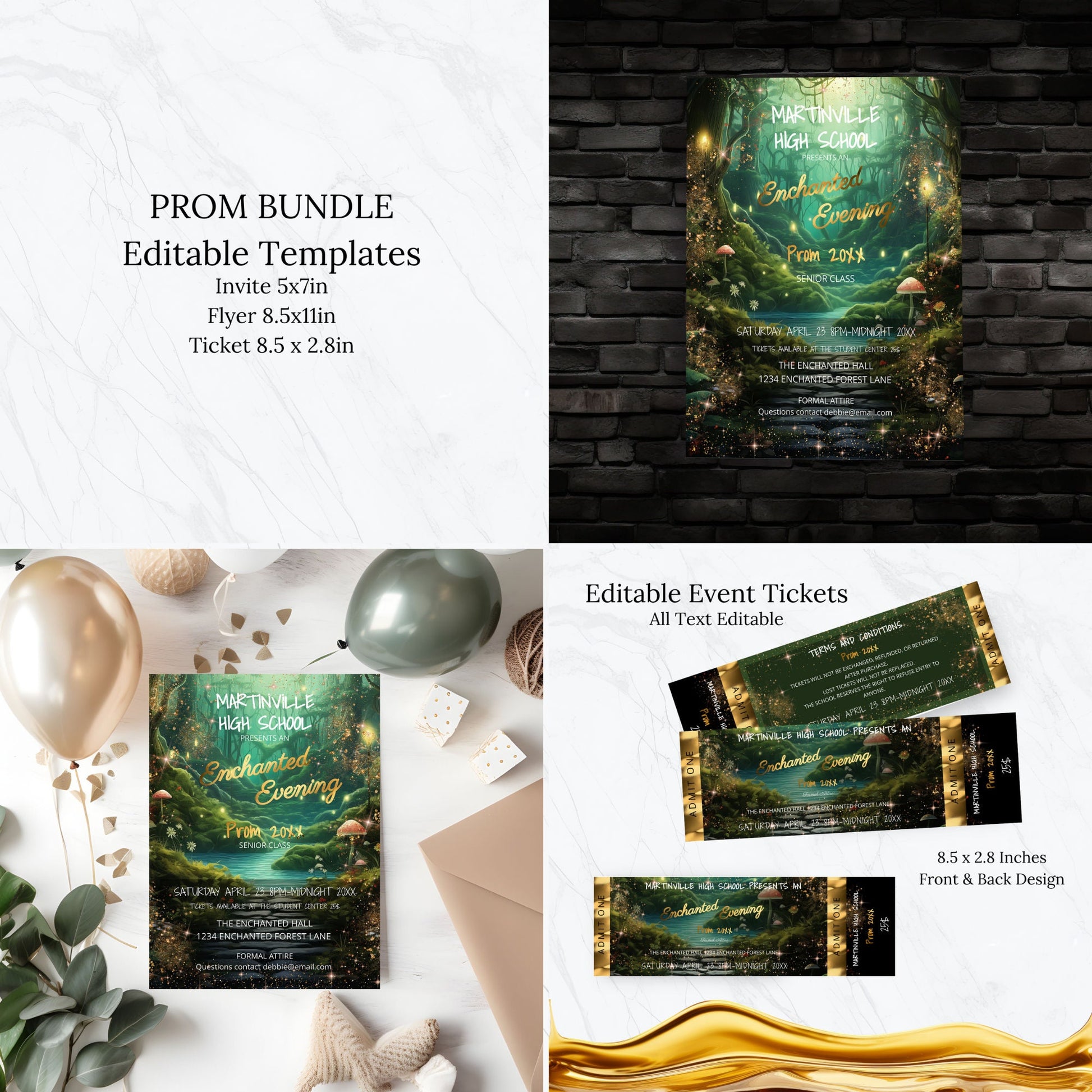 Enchanted Forest Prom Bundle – Editable Invitation, Flyer & Digital Ticket Kit