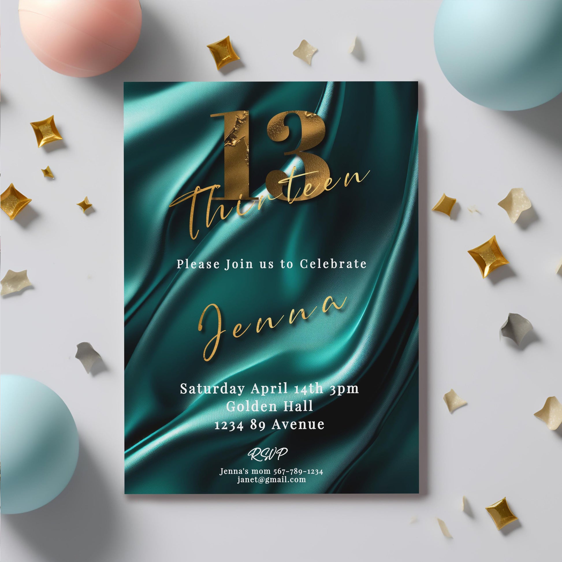 13th Birthday invitation girl teal-Invite Template - Official teenager-editable Digital Download, Teal and Gold-Teen Birthday