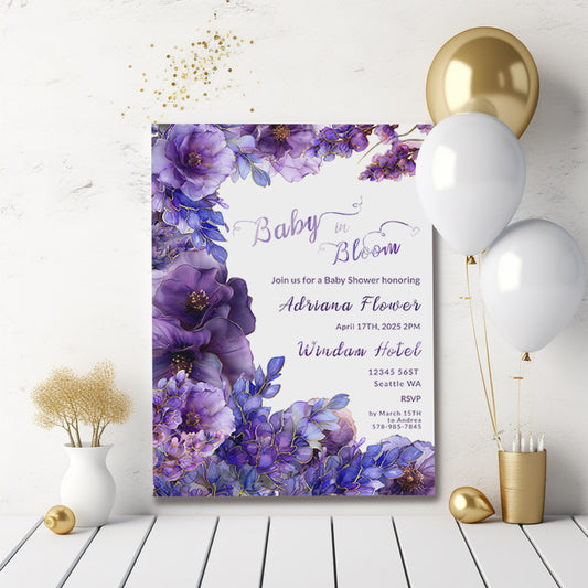 Purple Floral Baby Shower Invitation – Editable Digital Template