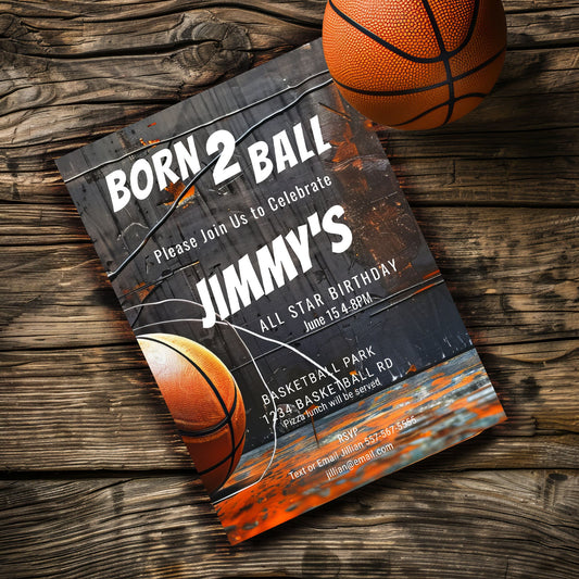 Basketball Birthday Invitation: Born 2 Ball, Grunge Style (5x7 Printable Template)