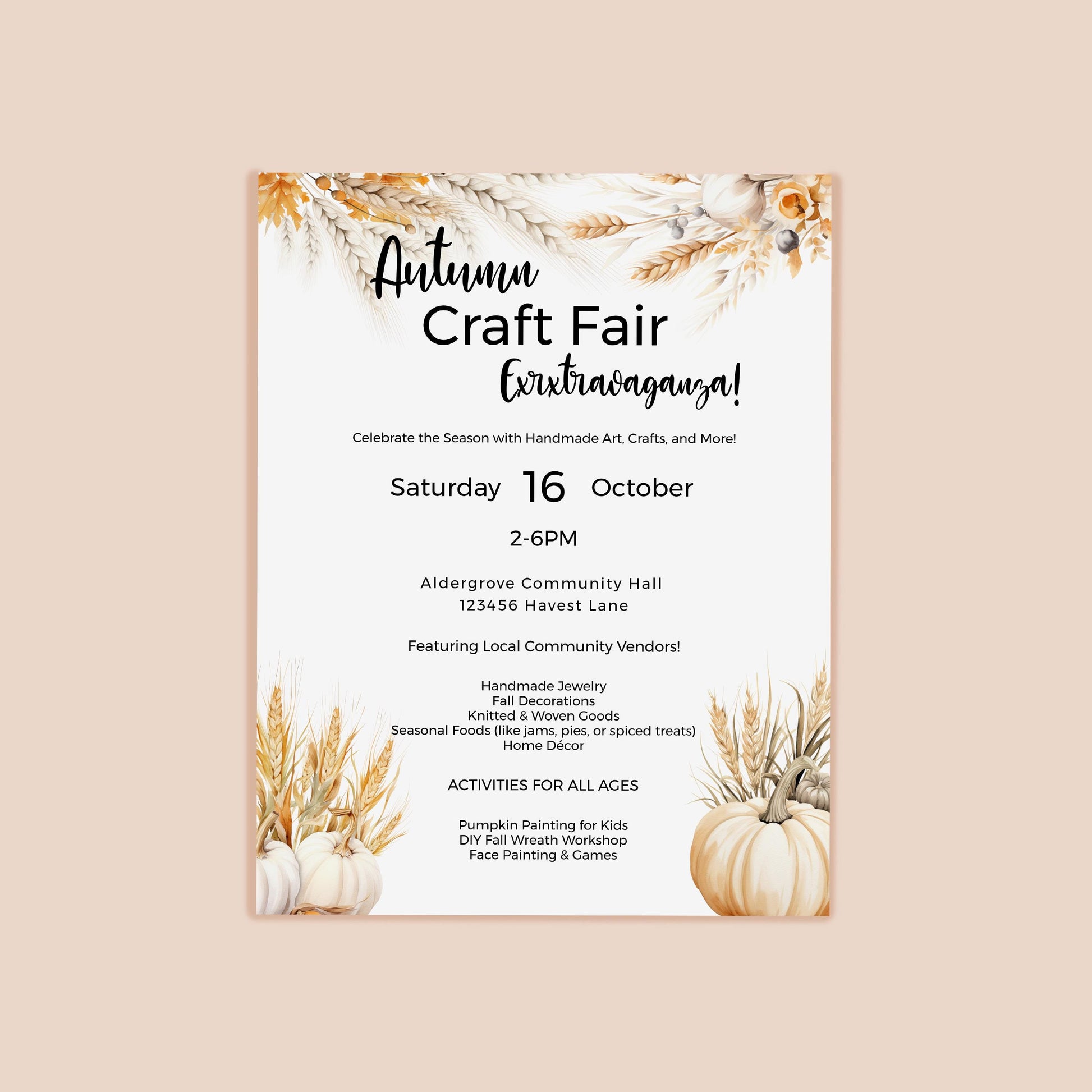 Craft Fair Flyer template-Autumn Craft market- Fall- 8.5x11in-Event Flyer-Printable-Holiday community event