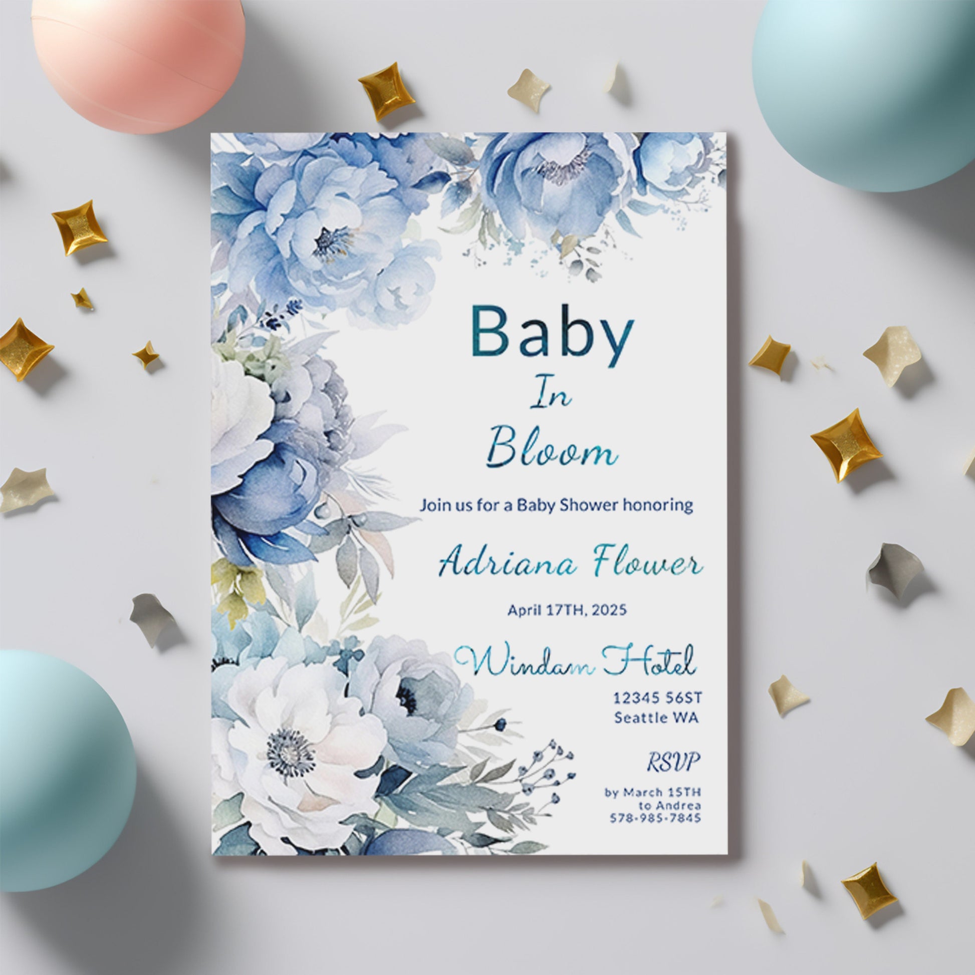 Dusty Blue Floral Baby Shower Invitation | Editable 5x7 Template | Watercolor Digital Download