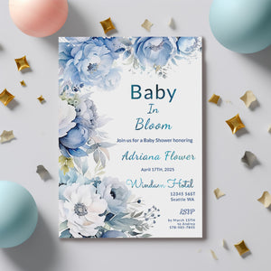 Dusty Blue Floral Baby Shower Invitation | Editable 5x7 Template | Watercolor Digital Download