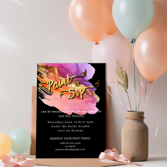 Paint & Sip Invitation: Elegant Gold Foil Art Party (Printable, Editable)