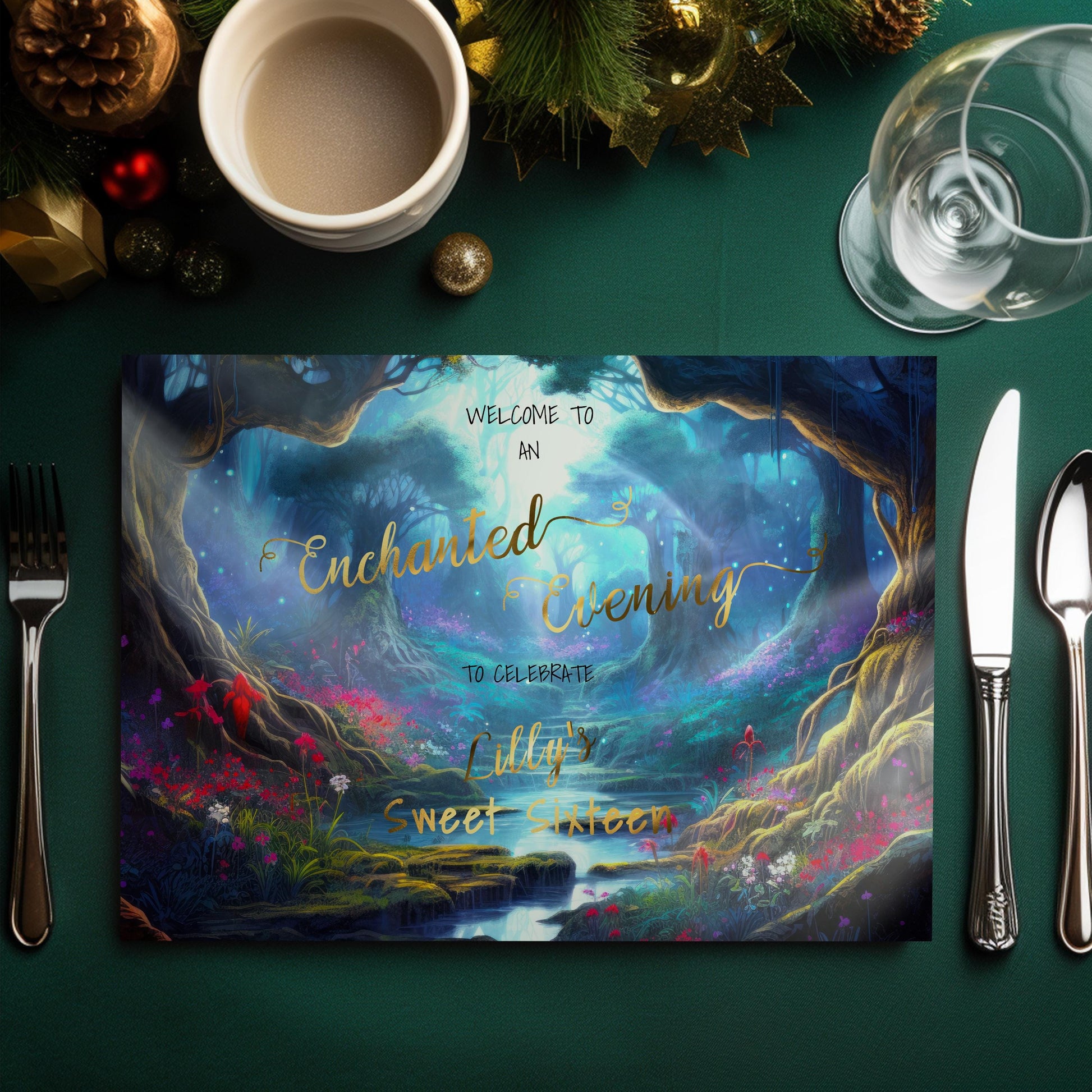 Enchanted Forest Placemat – Editable Party Template With Gold Foil Lettering