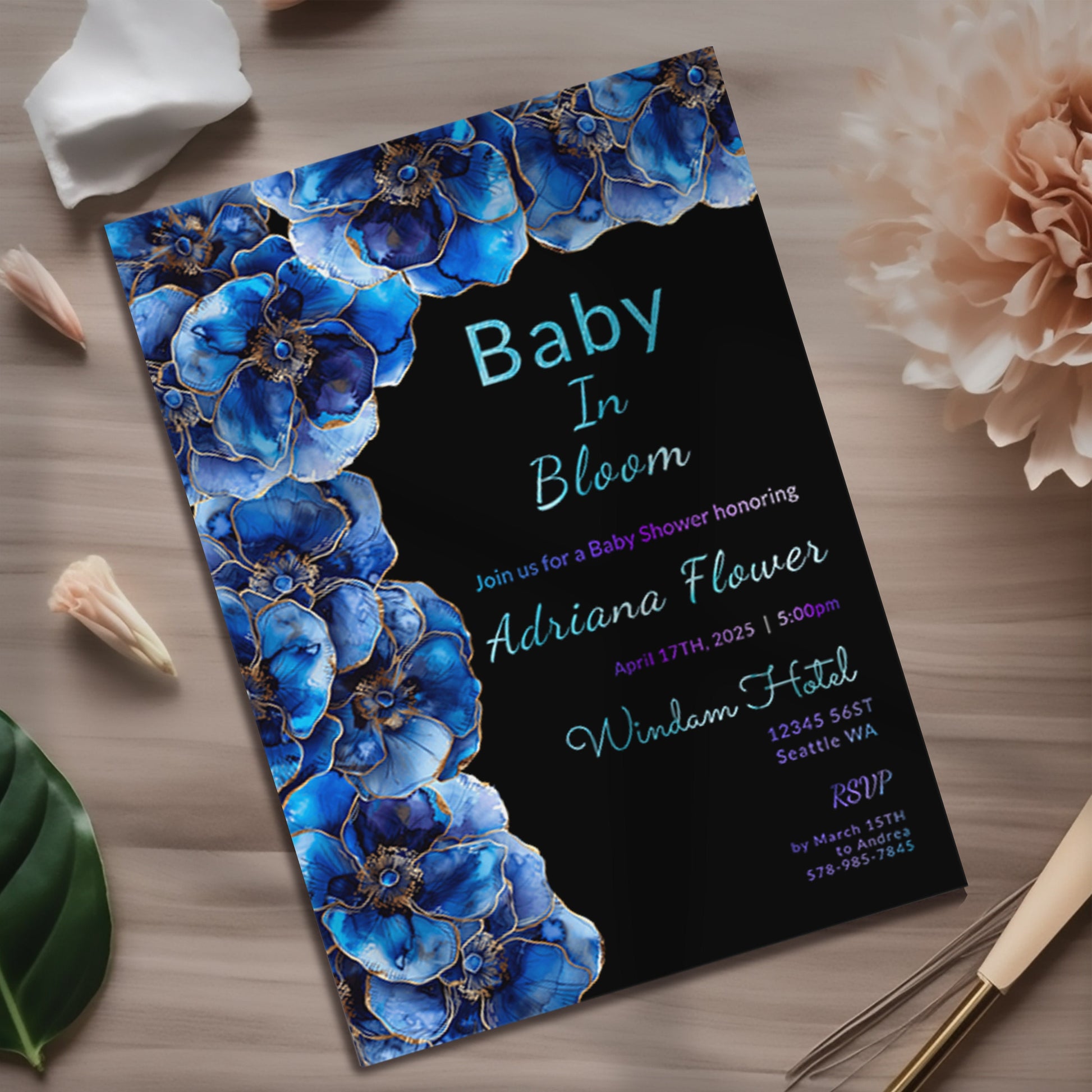 Blue Floral Baby Shower Invitation | Alcohol Ink Editable 5x7 Template | Baby in Bloom Digital Download