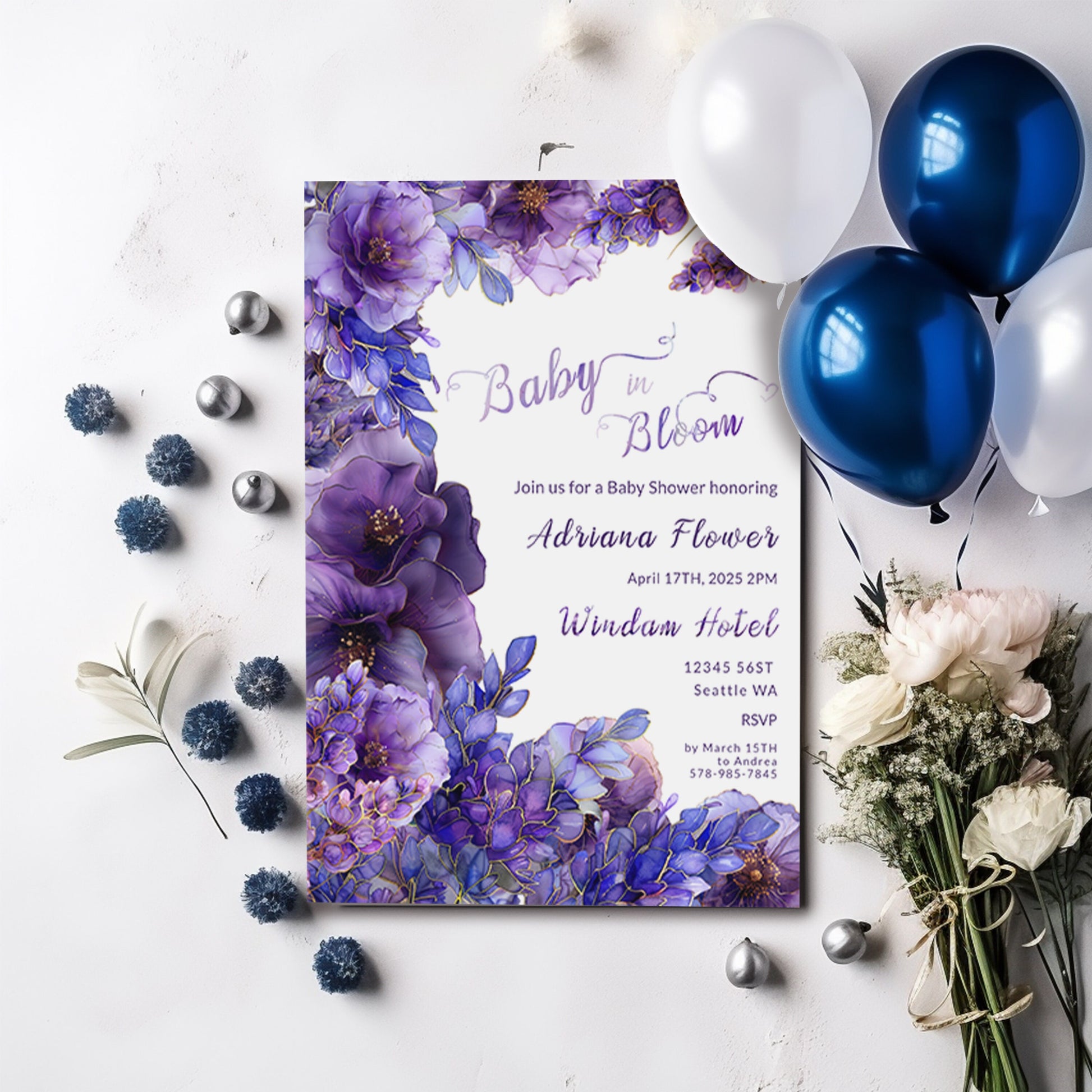 Purple Floral Baby Shower Invitation – Editable Digital Template