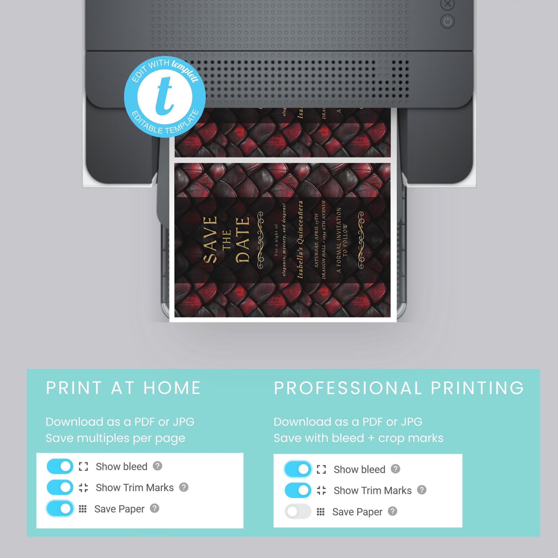 Editable Dragon Quinceañera Save the Date | Red, Black & Gold Fantasy Template (5x7")