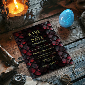 Editable Dragon Quinceañera Save the Date | Red, Black & Gold Fantasy Template (5x7