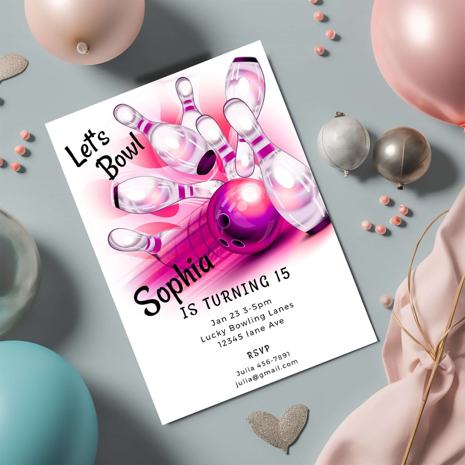 Bowling Party Invitation – Editable Digital Template featuring colorful bowling graphics and personalized details.