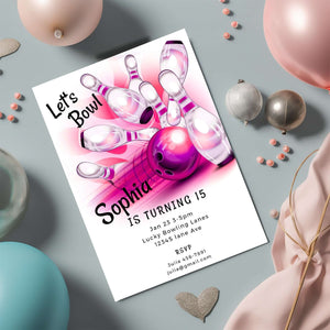 Bowling Party Invitation – Editable Digital Template featuring colorful bowling graphics and personalized details.