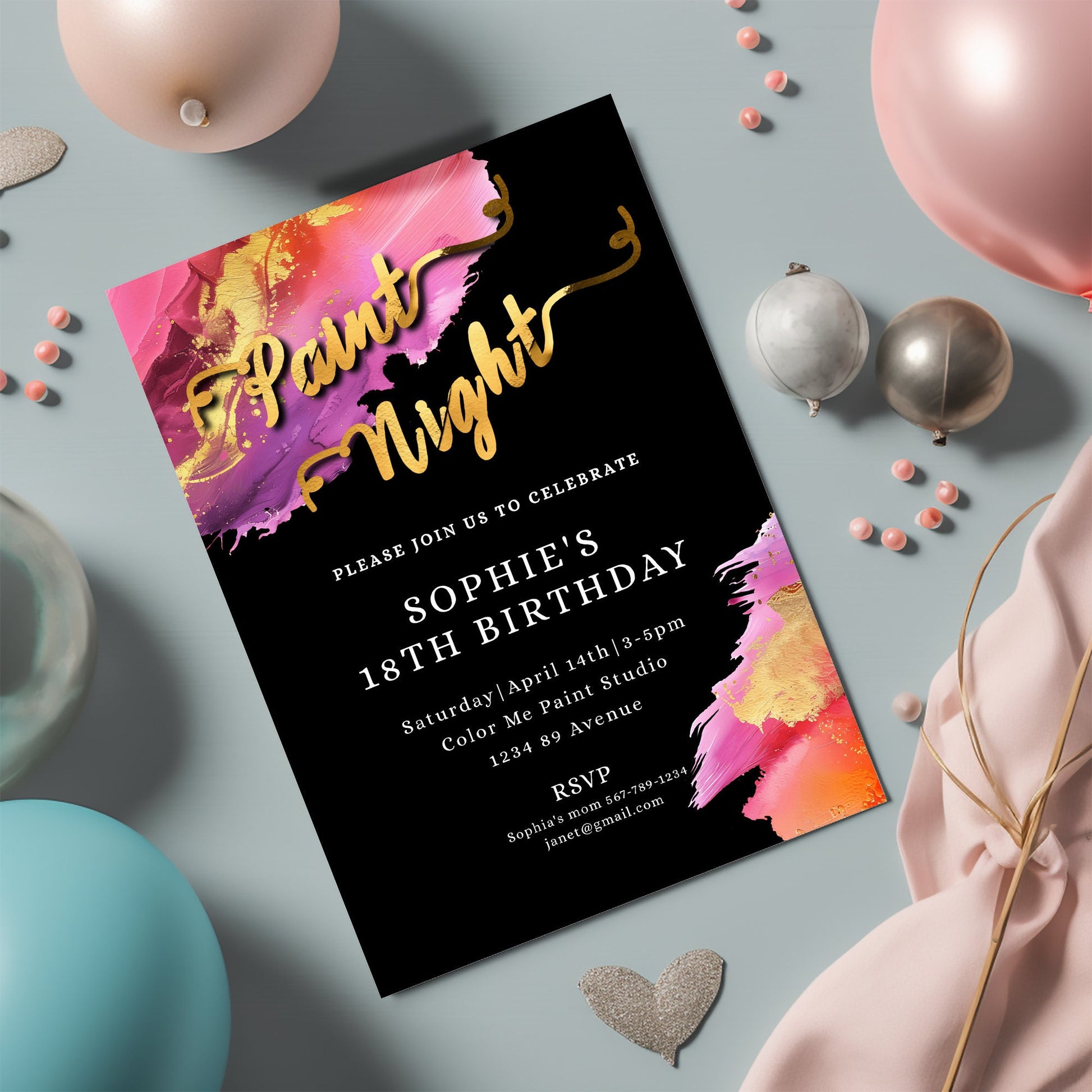 Paint Night Birthday Invitation | Colorful Editable 5x7 Template | Gold Foil Party Evite