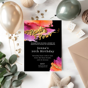 Paint & Pour Birthday Invitation | Editable 5x7 Art Party Template | Gold Foil Evite