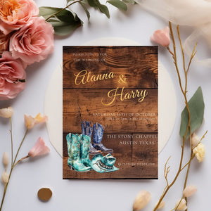 Turquoise Cowgirl Wedding Invite- Western Rustic Wedding-cowgirl boots-Template Editable - Gold Lettering, 5x7 Printable