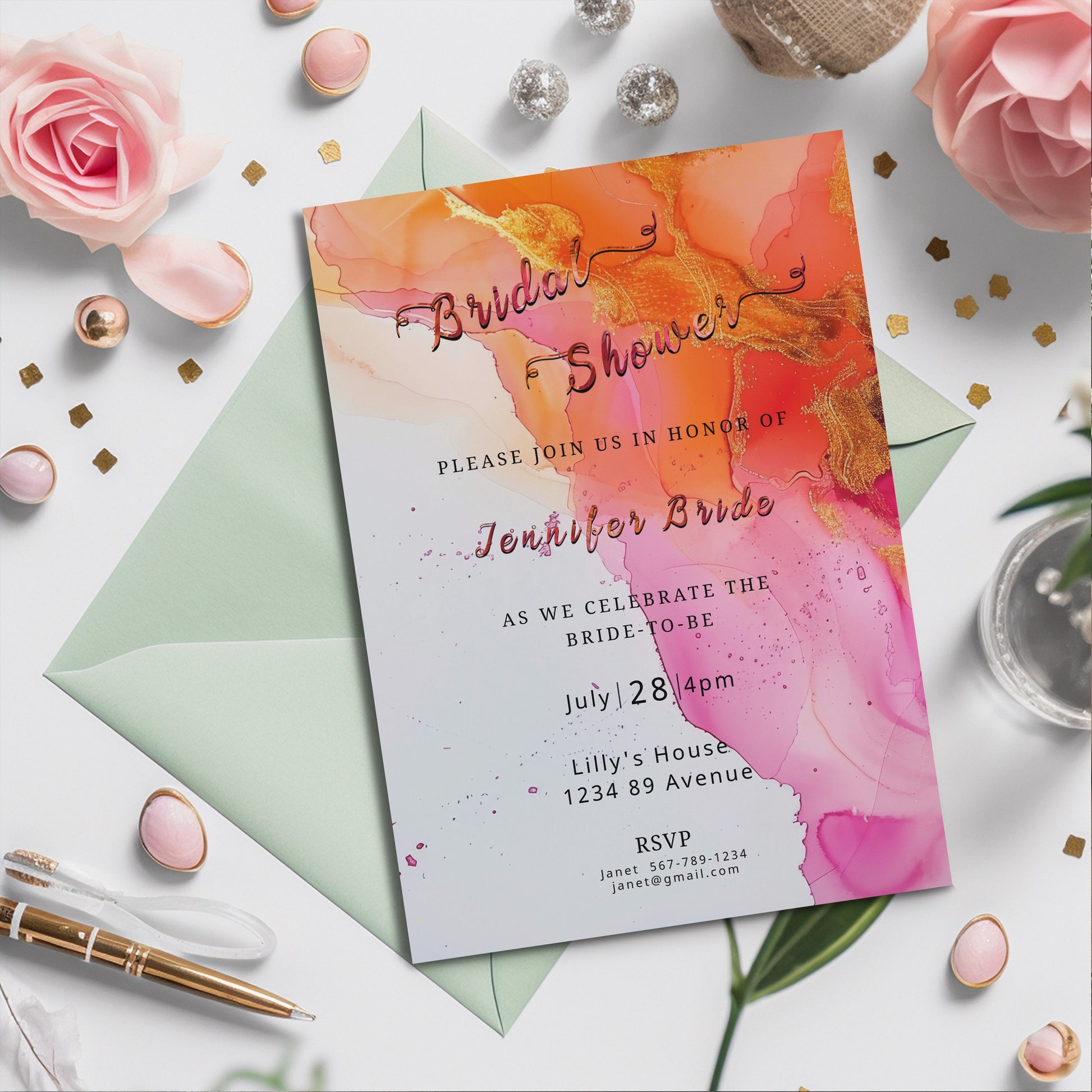 Hot Pink & Orange Baby Shower Invitation Editable Alcohol Ink Invite Template