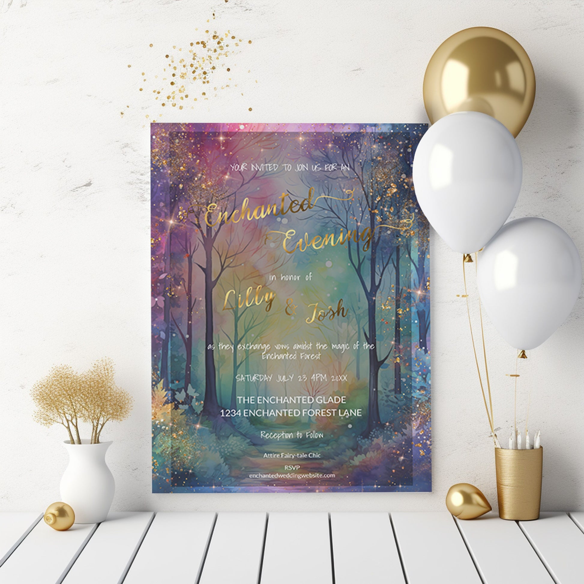 Enchanted Forest Wedding Invitation - Editable Digital Suite | Gold Foil Rustic Design