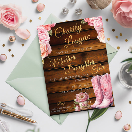 Pink Cowgirl Tea Party Invitation – Floral Boots & Rustic Gold Template