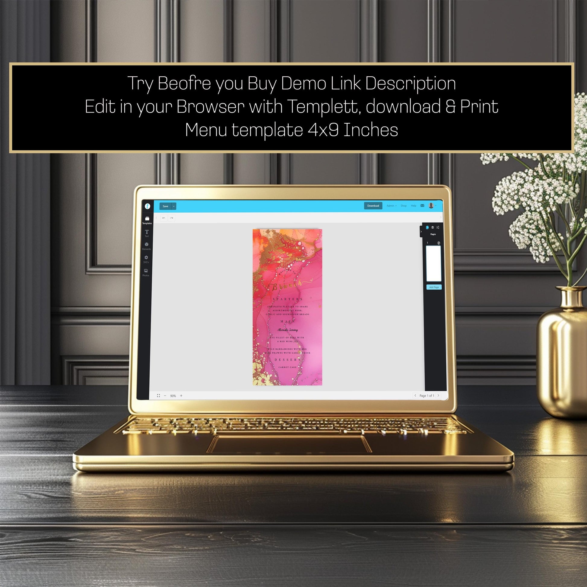 Editable Brunch Menu - Printable 4x9 Inch Template | Gold Foil Lettering Invite