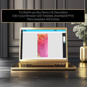Editable Brunch Menu - Printable 4x9 Inch Template | Gold Foil Lettering Invite